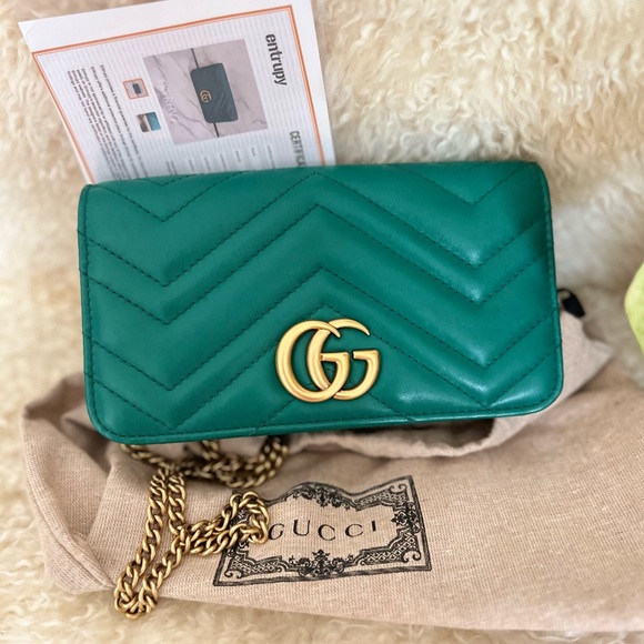 Gucci GG Marmont Matelasse Chain Wallet or Super Mini Bag in Emerald Green. *EUC - Picture 1 of 16
